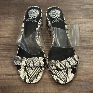 Vince Camuto Black & White Snake-Print PVC Slide Sandals